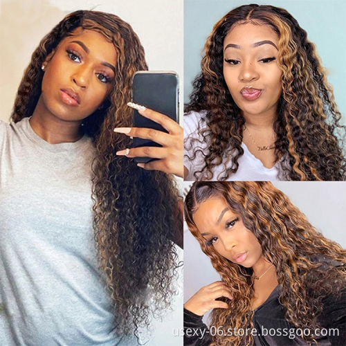 Wholesale honey brown color virgin hair frontal wig full hd lace front human hair wigs water wave brazilian highlight wig